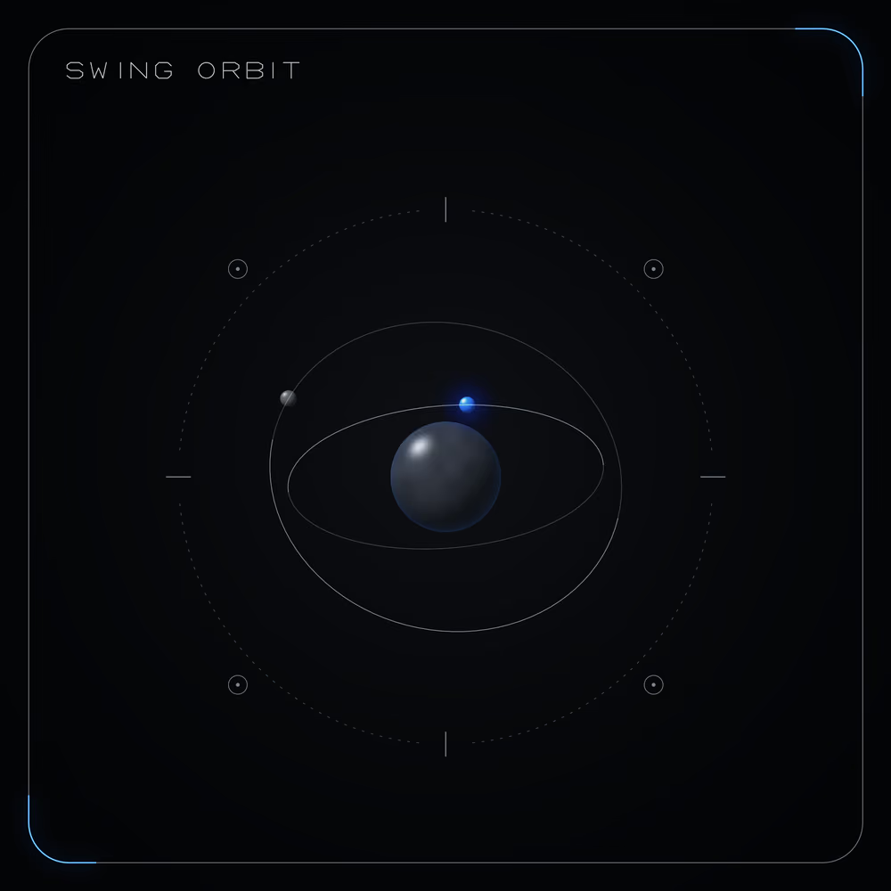 SWING ORBIT NFT with a dark sphere, fine orbital lines and blue highlights